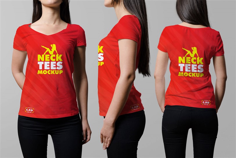 Download V-Neck Female T-Shirt Mockup Free Psd free download